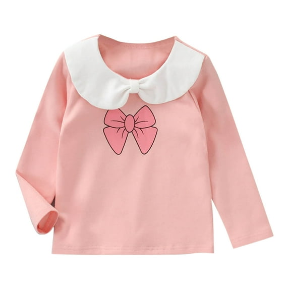 fatyb Summer Girls Long Sleeve Cotton Tops Bow Print Collar T-Shirts Kids Girls Cute Bottom Blouses