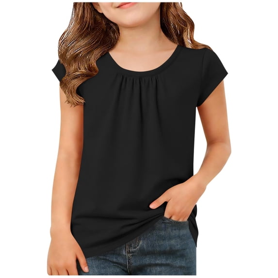 fatyb Summer Girls Tops Pleated Crew Neck Short Sleeve T-Shirts Casual Tops Plain Tee Blouses for Kids