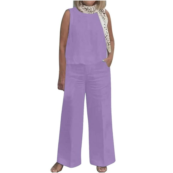 fatyb Summer Linen Sets for Women 2 Piece Tank Top and Wide Leg Pants Casual Set with Pockets Loungewear