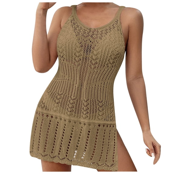 fatyb Summer Swimwear Coverup Womens Crochet Hollow out Cover up Sleeveless Cami Beach Dress with Split