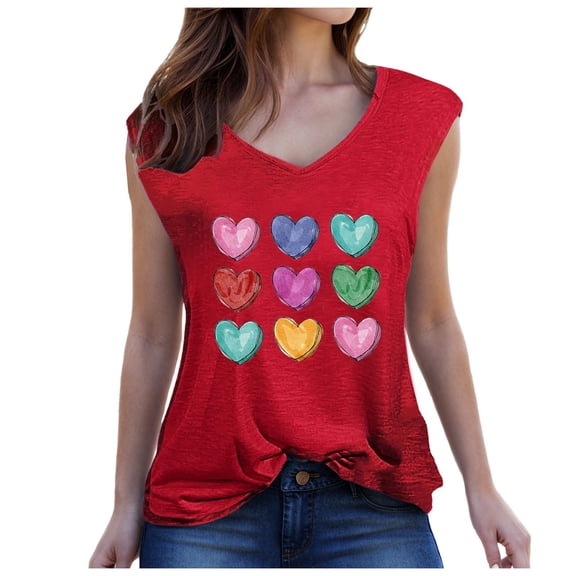fatyb Summer Tank Tops for Women Heart Print V Neck Tee Shirts Casual Sleeveless Womens Tunic Blouses