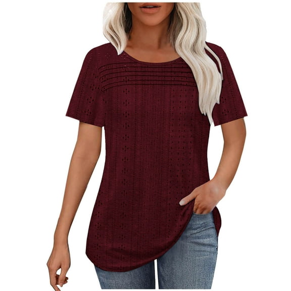 fatyb Summer Tops for Women Casual Eyelet Embroidery Shirts Short Sleeve Lightweight Beach Tunic Blouses