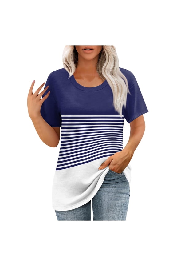 Summer Tops for Women Casual Short Sleeve Striped T Shirts Crew Neck Loose Womens Blouses Tees