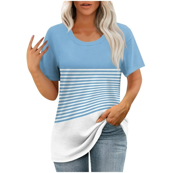 fatyb Summer Tops for Women Casual Short Sleeve Striped T Shirts Crew Neck Loose Womens Blouses Tees