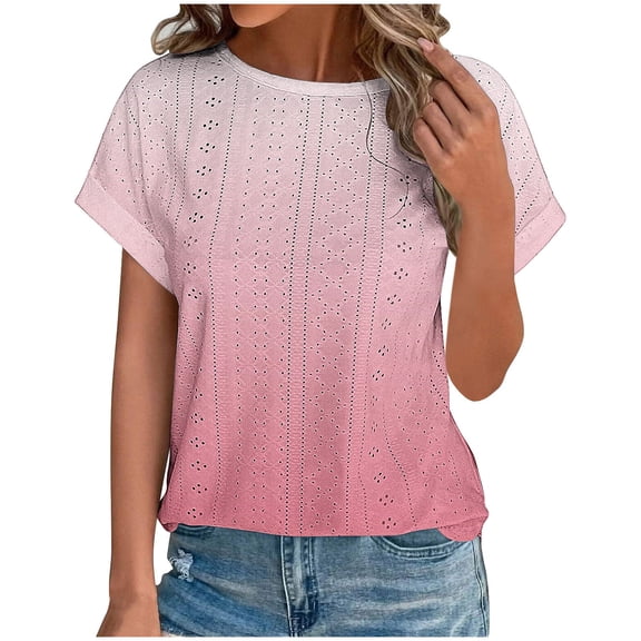 fatyb Summer Tops for Women Fashion Eyelet T-Shirts Casual Short Sleeve Loose Gradient Dressy Blouses