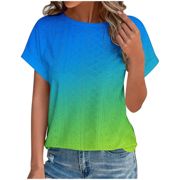 fatyb Summer Tops for Women Fashion Eyelet T-Shirts Casual Short Sleeve Loose Gradient Dressy Blouses