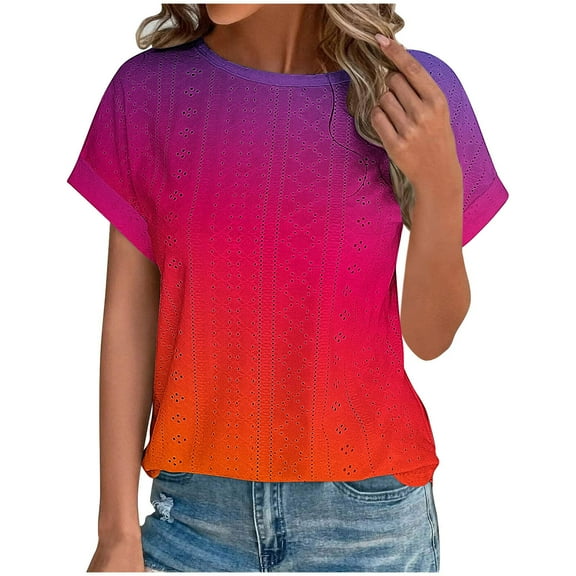 fatyb Summer Tops for Women Fashion Eyelet T-Shirts Casual Short Sleeve Loose Gradient Dressy Blouses