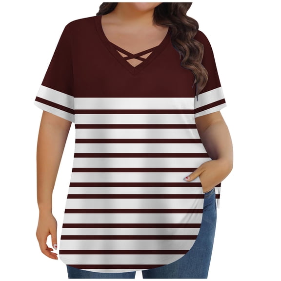 fatyb Summer Tops for Women Plus Size Criss Cross V Neck T Shirts Casual Short Sleeve Pullover Blouses
