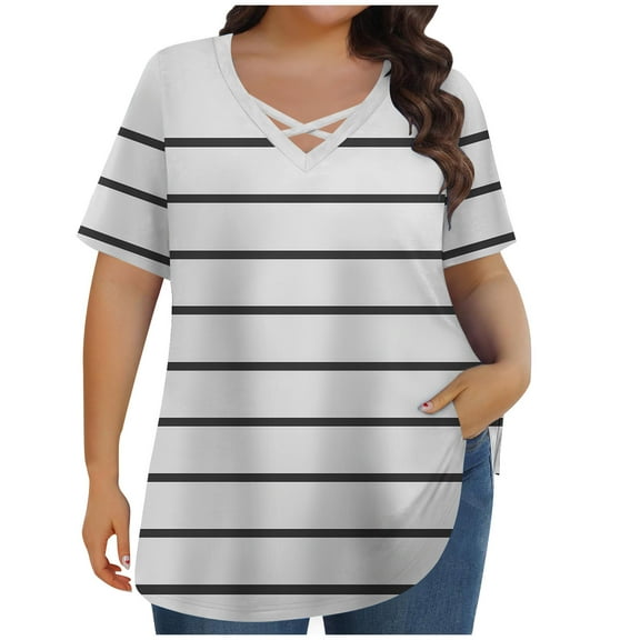 fatyb Summer Tops for Women Plus Size Criss Cross V Neck T Shirts Casual Short Sleeve Pullover Blouses