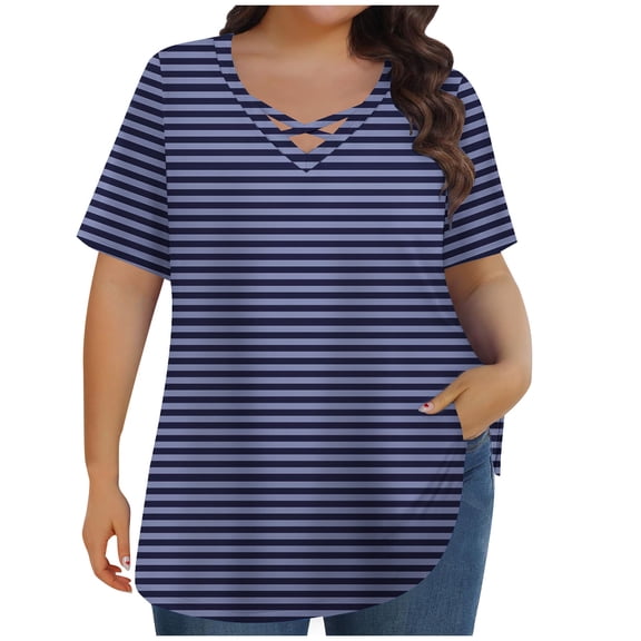 fatyb Summer Tops for Women Plus Size Criss Cross V Neck T Shirts Casual Short Sleeve Pullover Blouses