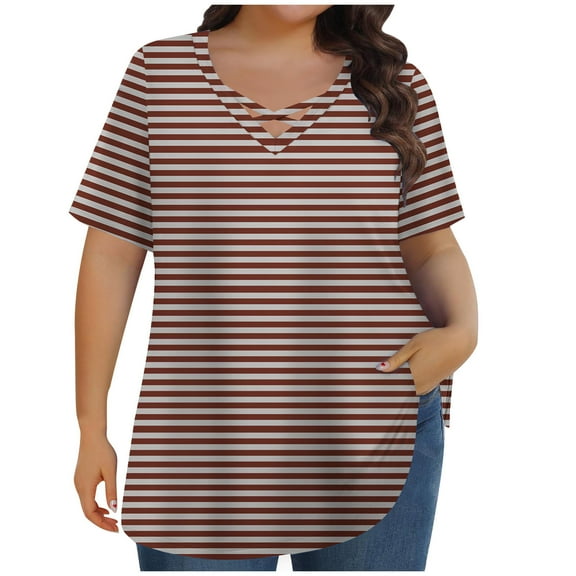 fatyb Summer Tops for Women Plus Size Criss Cross V Neck T Shirts Casual Short Sleeve Pullover Blouses