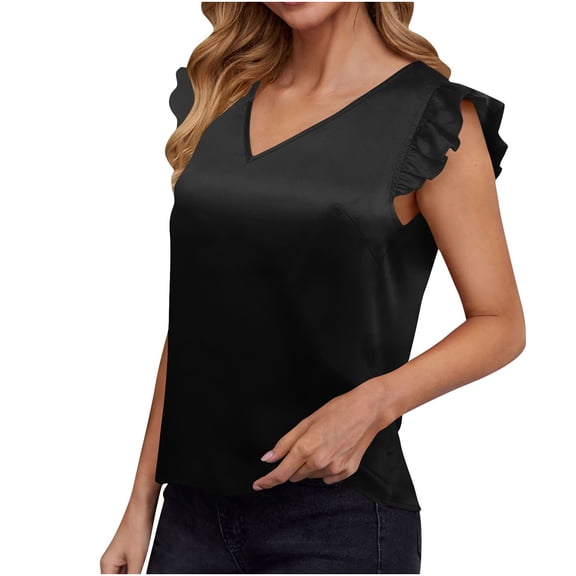 fatyb Summer Tops for Women Sleeveless V Neck Ruffle Shirts Womens Plain Blouses Cute Tank Tops