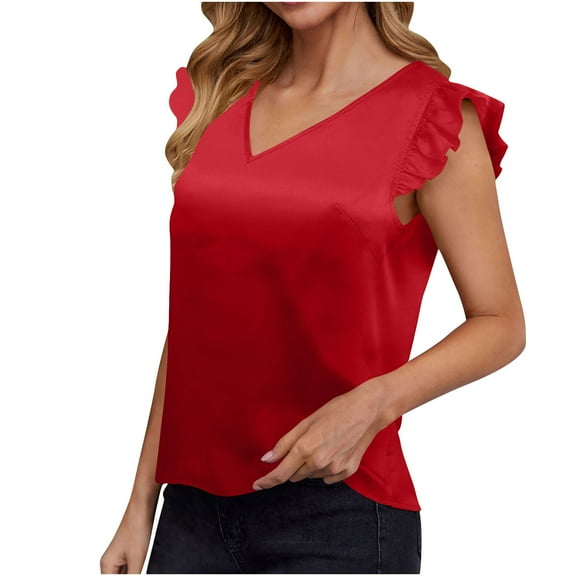 fatyb Summer Tops for Women Sleeveless V Neck Ruffle Shirts Womens Plain Blouses Cute Tank Tops