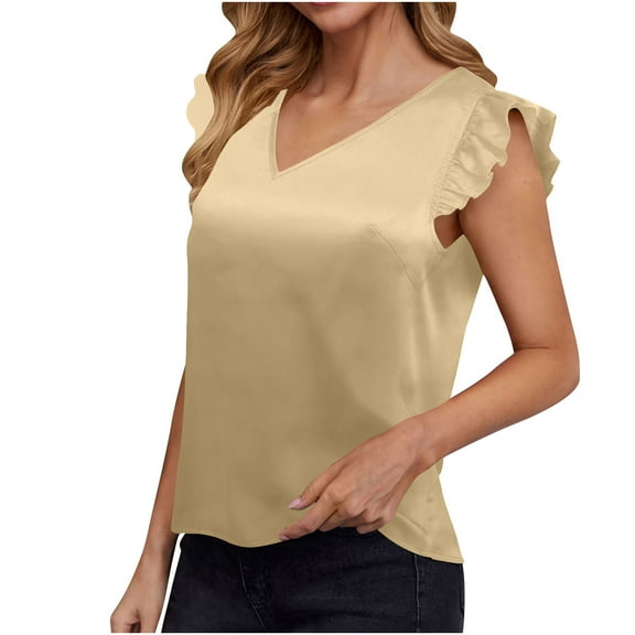fatyb Summer Tops for Women Sleeveless V Neck Ruffle Shirts Womens Plain Blouses Cute Tank Tops