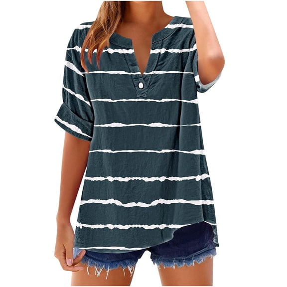 fatyb Summer Tops for Women V Neck Button T Shirts Short Sleeve Casual Loose Womens Blouses Tee
