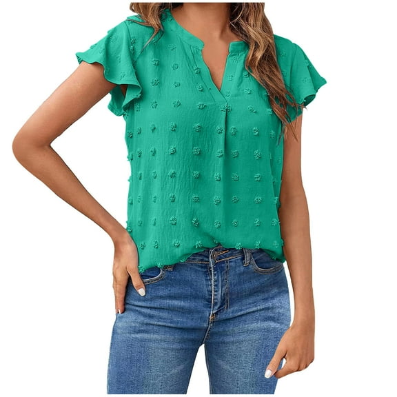 fatyb Summer Tops for Women V Neck Ruffle Short Sleeve Blouses Casual Lightweight Dressy Shirts