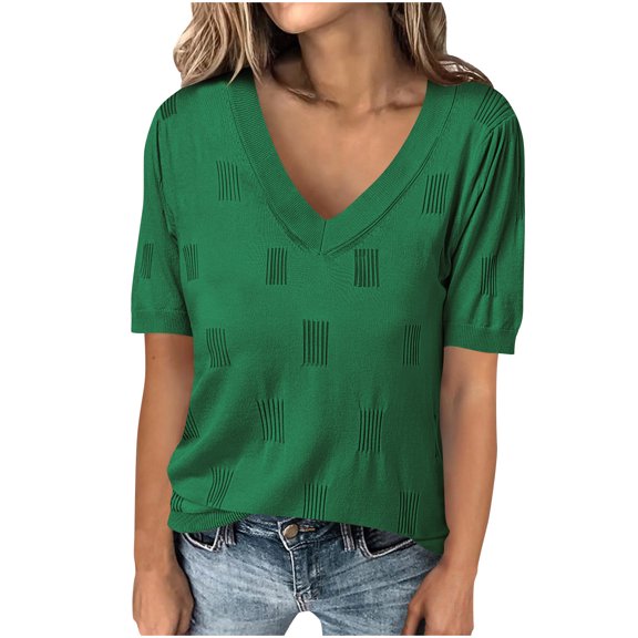 fatyb Summer Tops for Women V Neck Short Sleeve Dressy Blouses Casual Knitted Womens Tee Shirts