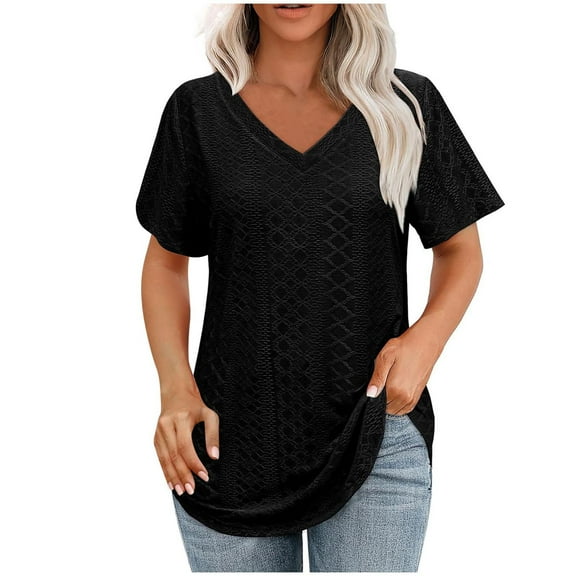 fatyb Summer Tops for Women V Neck Short Sleeve Eyelet Shirts Hollow out Casual Loose Blouse Tee