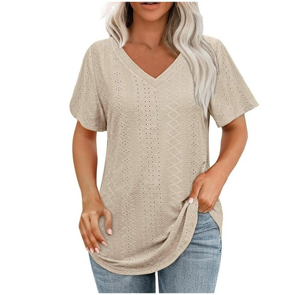 fatyb Summer Tops for Women V Neck Short Sleeve Eyelet Shirts Hollow out Casual Loose Blouse Tee