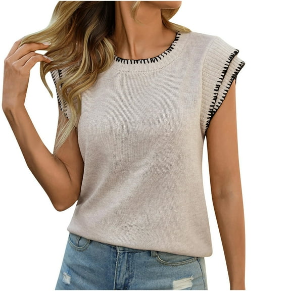 fatyb Summer Women's Crochet Knit Tops Cap Sleeve Sweater Shirts Crewneck Casual Tshirts for Women