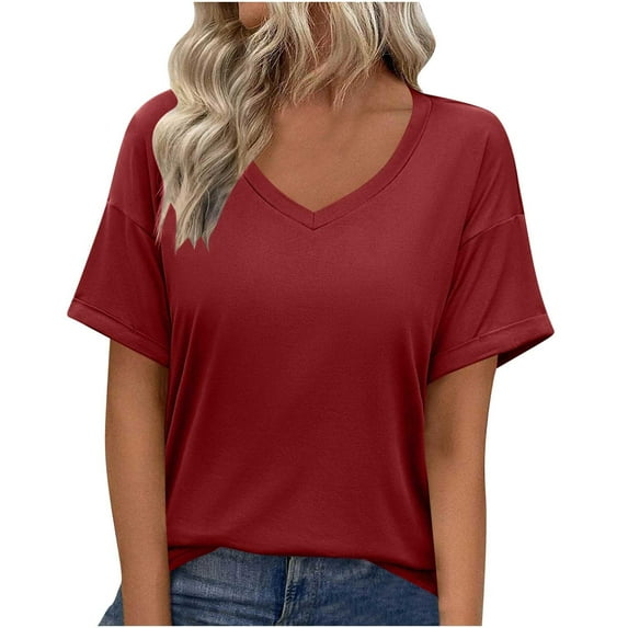 fatyb Summer Women's Short Sleeve Casual Shirts Basic V Neck Tops Solid Color Loose Tee Blouses