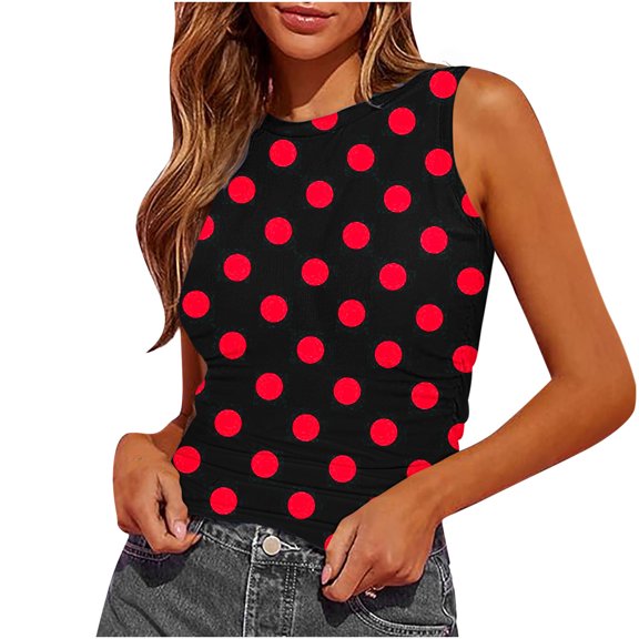 fatyb Summer Women's Slim Tank Tops Print Sleeveless Crewneck Tee Shirts Ruched Casual Womens Blouses