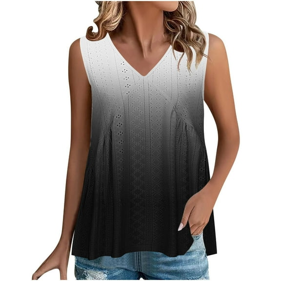 fatyb Summer Women's Tank Tops V Neck Eyelet Embroidery Shirts Casual Sleeveless Loose Blouses