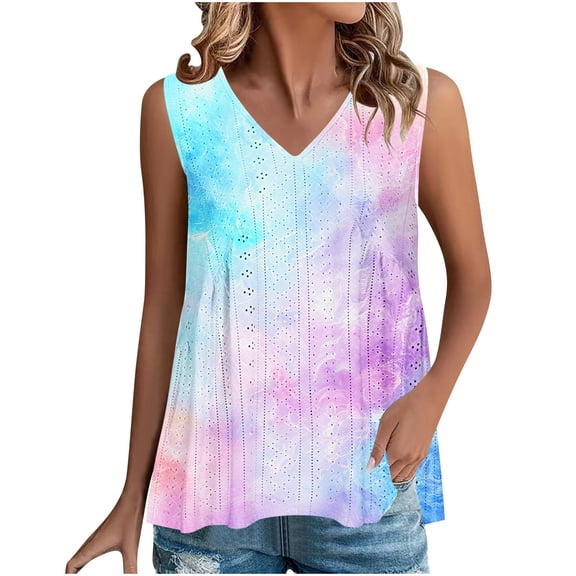 fatyb Summer Women's Tank Tops V Neck Eyelet Embroidery Shirts Casual Sleeveless Loose Blouses