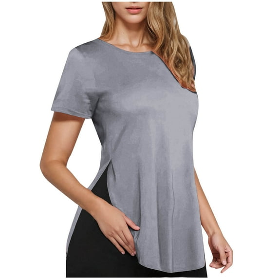 fatyb Summer Womens Casual T Shirts Short Sleeve Split Tops Crew Neck Plain Casual Blouses for Women