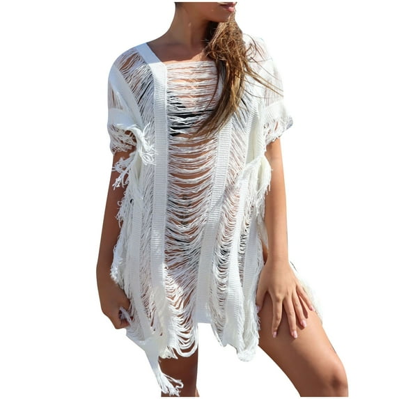 fatyb Summer Womens Cover up Swimwear Fringe Hollow out Mini Bikini Dress Beach Bathing Suit Coverup