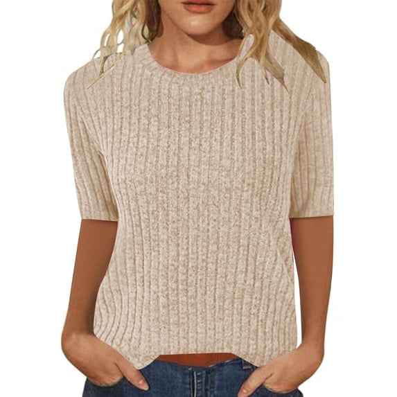 fatyb Summer Womens Knit Tops Half Sleeve Casual Spring Tops Round Neck Plain Loose Blouses for Women