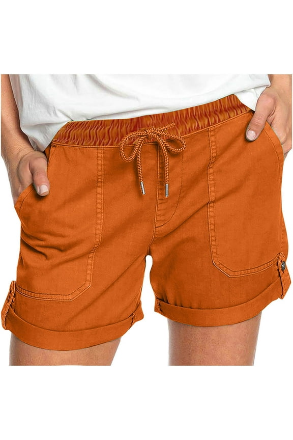 Summer Womens Shorts Casual Drawstring Roll up Shorts Loose Solid Color Beach Shorts with Pockets