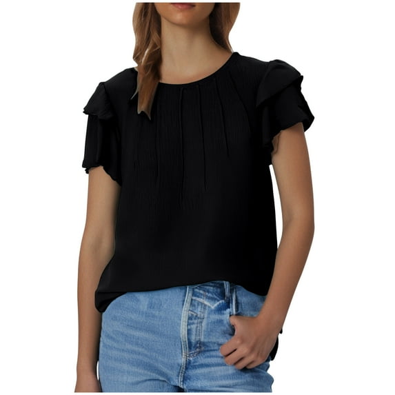 fatyb Summer Womens Tops Ruffle Short Sleeve Casual Blouses Crew Neck Solid Color Loose Shirts for Women