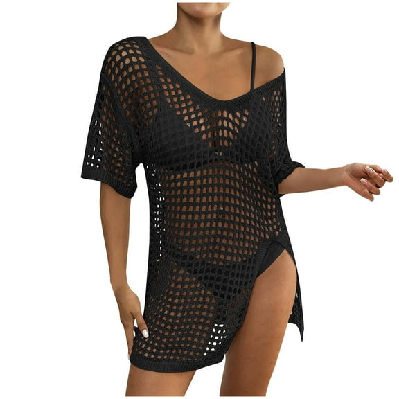 fatyb Swimsuit Cover up for Women Crochet V Neck Bikini Coverup Split Hollow out Knit Mini Beach Dress