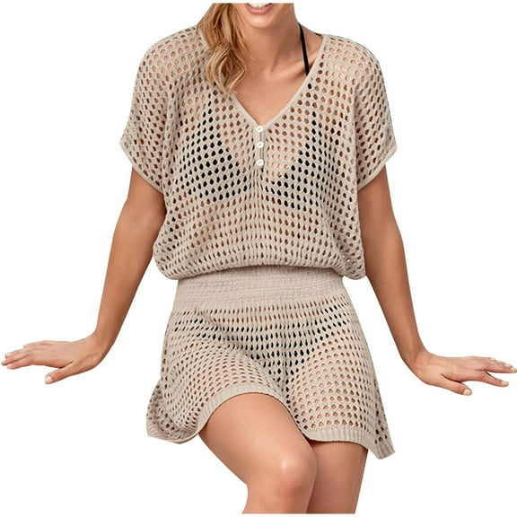 fatyb Swimsuit Cover up for Women Elastic Waist Crochet Coverup V Neck Short Sleeve Swim Mesh Knit Dress