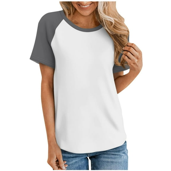 fatyb T Shirts for Women Short Sleeve Crew Neck Summer Basic Tee Color Block Casual Womens Loose Tops