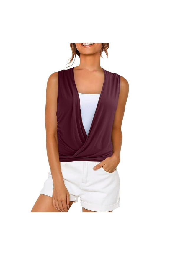 Tank Tops Women's Casual Sleeveless V Neck Wrap Shirts Solid Color Summer Vacation Tee Blouses