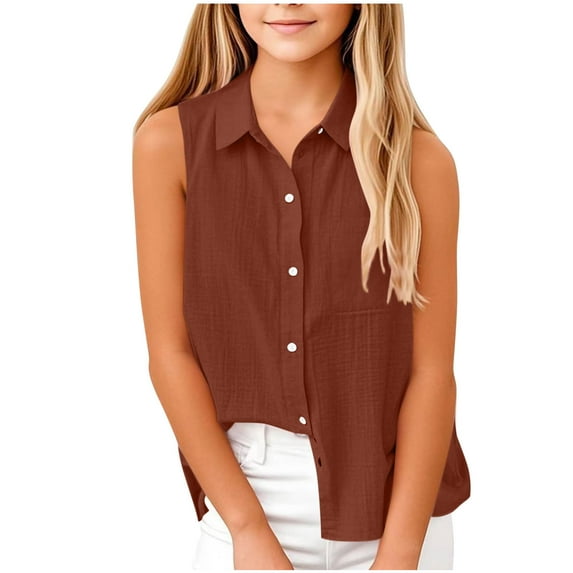 fatyb Tank Tops for Girls Sleeveless Button down Collar Tshirts Kids Solid Color Casual Summer Blouses
