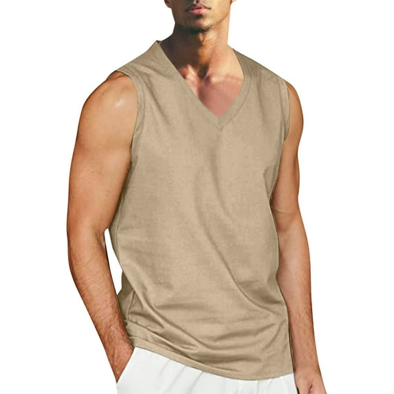 fatyb Tank Tops for Men V Neck Sleeveless Cotton Linen Shirts Mens Lightweight Vacation Beach Muscle Tee