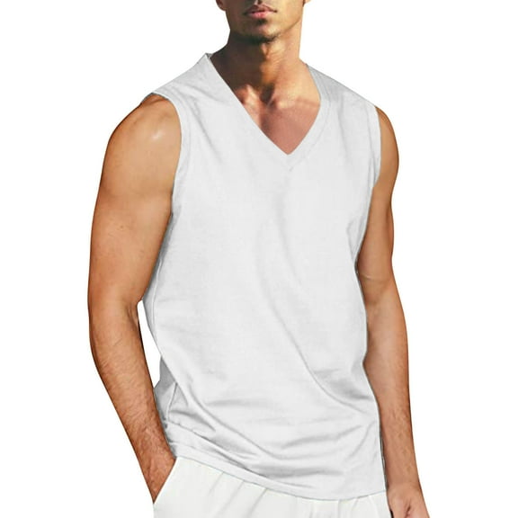 fatyb Tank Tops for Men V Neck Sleeveless Cotton Linen Shirts Mens Lightweight Vacation Beach Muscle Tee