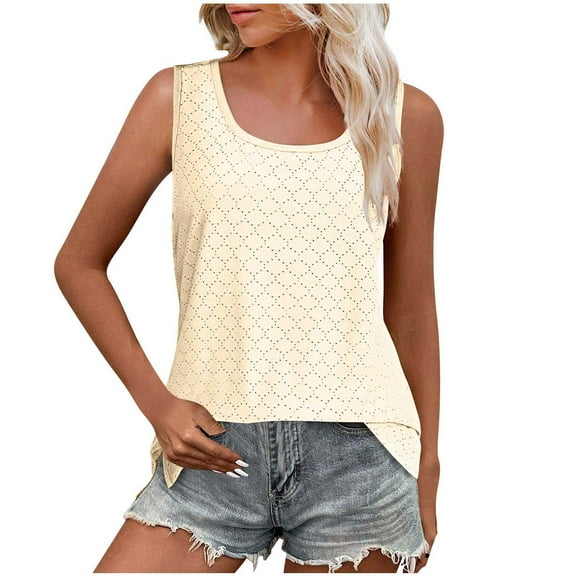 fatyb Tank Tops for Women Eyelet Embroidery Summer Shirts Sleeveless Casual Loose Blouses with Split