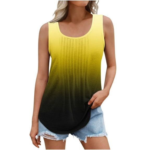 fatyb Tank Tops for Women Gradient Color Pleated Tops Sleeveless Crew Neck Casual Loose Womens Shirts