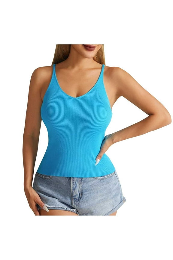Tank Tops for Women Ribbed V Neck Spaghetti Strap Basic Cami Shirts Going out Sleeveless Blouses