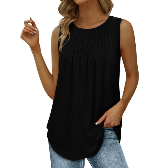 fatyb Tank Tops for Women Sleeveless Tunic Pleated Shirts Casual Crew Neck Blouses Womens Loose Tshirts