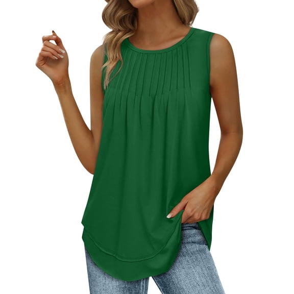 fatyb Tank Tops for Women Sleeveless Tunic Pleated Shirts Casual Crew Neck Blouses Womens Loose Tshirts
