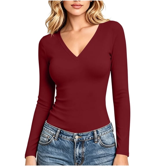 fatyb Thermal Shirts for Women V Neck Fleece Lined Base Layer Tops Thick Warm Long Sleeve Undershirts