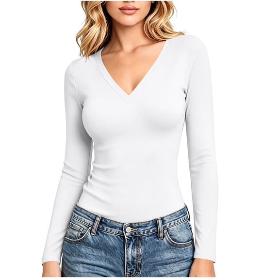 fatyb Thermal Shirts for Women V Neck Fleece Lined Base Layer Tops Thick Warm Long Sleeve Undershirts