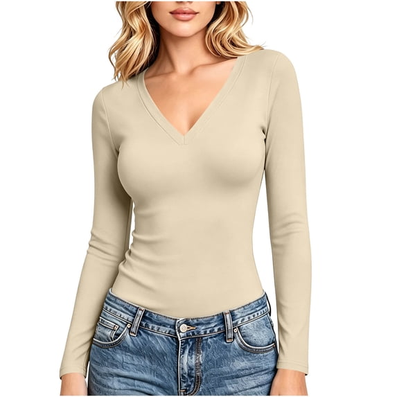 fatyb Thermal Shirts for Women V Neck Fleece Lined Base Layer Tops Thick Warm Long Sleeve Undershirts