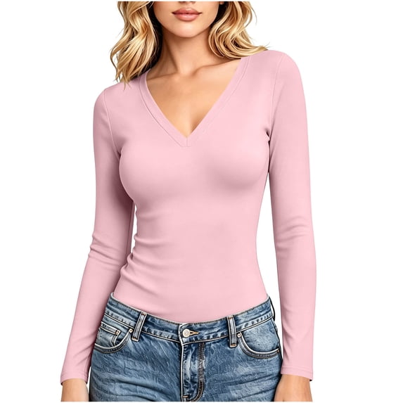 fatyb Thermal Shirts for Women V Neck Fleece Lined Base Layer Tops Thick Warm Long Sleeve Undershirts