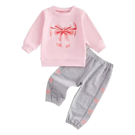 fatyb Toddler Baby Girls Clothes Set Bow Printed Pullover Sweatshirt Jogger Sweatpants Kids 2Pcs Outfits